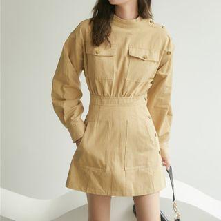Long-sleeve Chest Pocket A-line Dress
