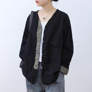 Striped Trim Buttoned V-neck Jacket