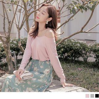 Off-shoulder V-neck Long Sleeve Top