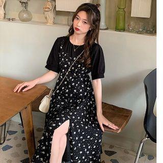 Mock Two-piece Puff-sleeve Floral Print Midi A-line Dress