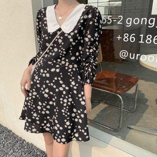Long-sleeve Floral Print Mini A-line Dress White Floral - Black - One Size