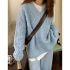 V-neck Cable Knit Sweater Light Blue - One Size