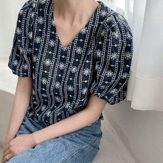 V-neck Eyelet-lace Blouse Navy Blue - One Size