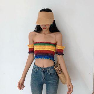 Short-sleeve Off Shoulder Rainbow Block Top