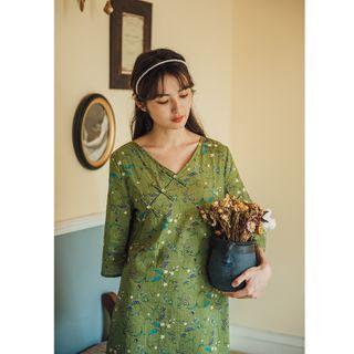 Elbow-sleeve Floral Print Hanfu Dress