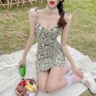 Spaghetti Strap V-neck Floral Print Slim-fit Sleeveless Dress