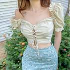 Puff-sleeve Lace-up Crop Top Almond - One Size