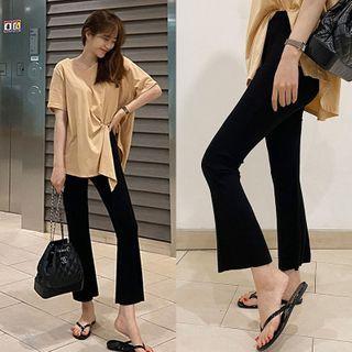 Plain High-waist Cropped Boot-cut Pants