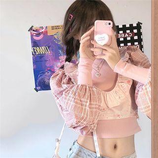 Set: Floral Print Cropped Camisole Top + Plaid Panel Balloon-sleeve Top