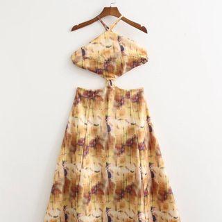 Halter-neck Printed Cutout A-line Dress