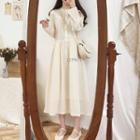 Eyelet Lace Trim Long-sleeve Midi A-line Dress / Floral Print Bobble Cardigan