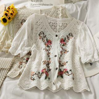 Patchwork Embroidered V-neck Blouse