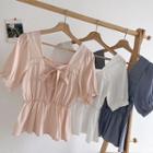 Plain Square-neck Lace-up Short-sleeve Blouse