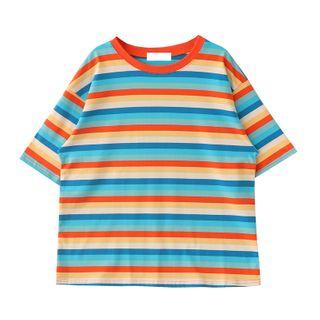 Short-sleeve Striped T-shirt Stripe - Tangerine - One Size