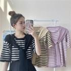 Elbow-sleeve Tie-front Striped Knit Top