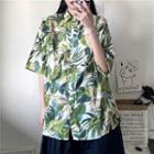 Elbow-sleeve Leaf Print Shirt Green & White - One Size