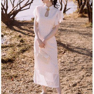 Open-back Midi Sheath Qipao Dress / Lace Cape / Set
