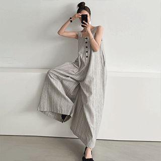 Button-front Stripe Jumpsuit