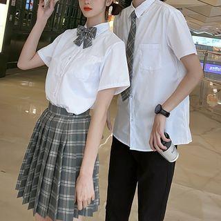 Couple Matching Short-sleeve Tie Neck Shirt / Mini A-line Skirt / Pants / Set