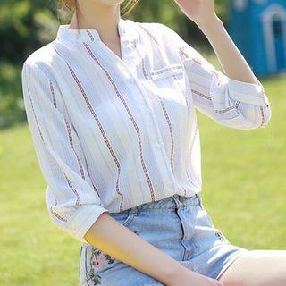 Elbow-sleeve Stripe Stand Collar Shirt