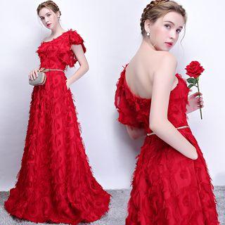 Asymmetric Off-shoulder Furry Evening Gown