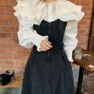 Collared Blouse / Denim Overall Dress