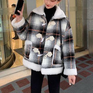 Furry Trim Plaid Duffle Jacket