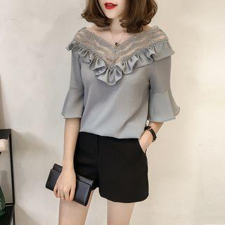 Elbow-sleeve Ruffled Lace Paneled Chiffon Top