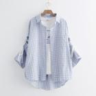 Ruched Sleeve Gingham Casual Shirt