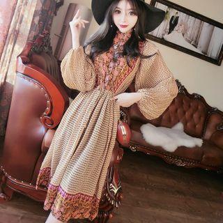 Long-sleeve Floral Panel Midi Dress Tangerine - One Size