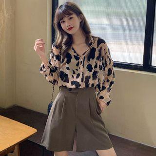 Long-sleeve Leopard Print Shirt / Wide-leg Dress Shorts / Set