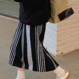 Striped Tweed Midi A-line Skirt Black - One Size