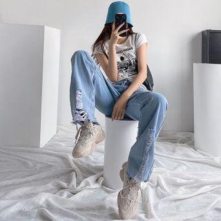 Distressed Straight Leg Loose Jeans