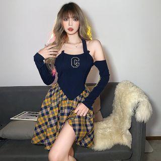 Long-sleeve Off-shoulder Halter Mini A-line Dress