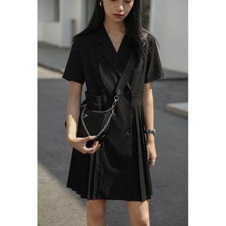 Double-breasted Elbow-sleeve Accordion Pleat Mini Blazer Dress
