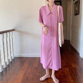 Short-sleeve Single Breasted Shirt Dress Purple - One Size