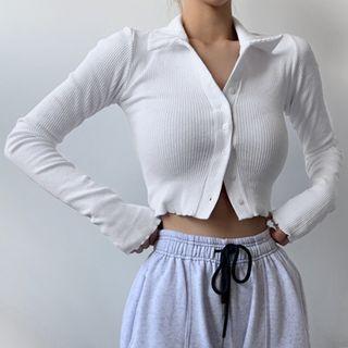 Long Sleeve Plain Polo Knit Top