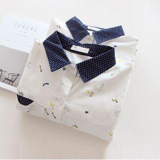 Dotted-collar Patterned Long Blouse