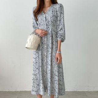 3/4-sleeve Smocked-waist Patterned Long Dress