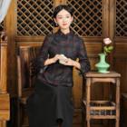 3/4-sleeve Plaid Blouse / Midi A-line Skirt / Set