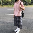 Plain Short-sleeve Shirt / Plaid Midi Skirt