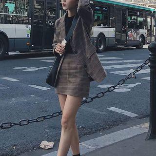 Plaid Button-up Blazer / Mini A-line Plaid Skirt
