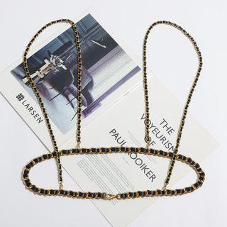 Faux Leather Alloy Suspender Waist Chain Black & Gold - One Size