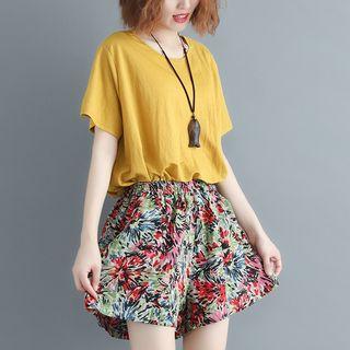 Set: Elbow-sleeve Top + Floral Print Pants