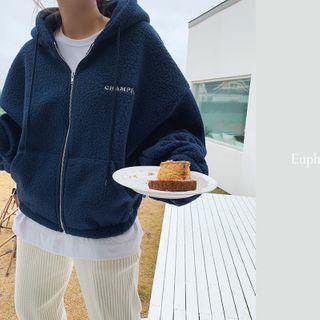 Kangaroo-pocket Dumble Zip Hoodie Navy Blue - One Size