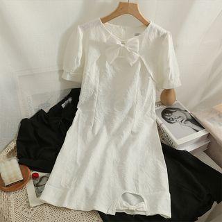 Embossed Ribbon-accent V-neck Mini Dress