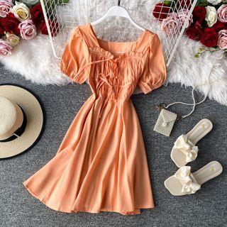 Frill-hem Short-sleeve Plain A-line Dress