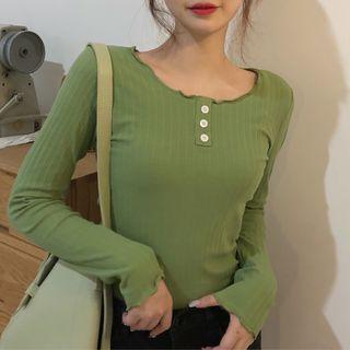 Plain Wood Ear Trim Button Long-sleeve Top