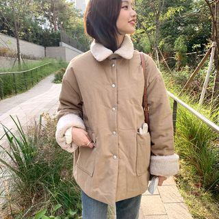 Fleece-trim Snap-button Oversized Jacket