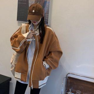 Stand Collar Two-tone Zip-up Jacket Two-tone - Coffee - One Size